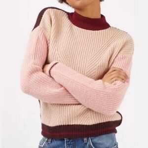 TOPSHOP Colorblock Pullover Mock Neck Sweater Cream Pink Maroon Size 10